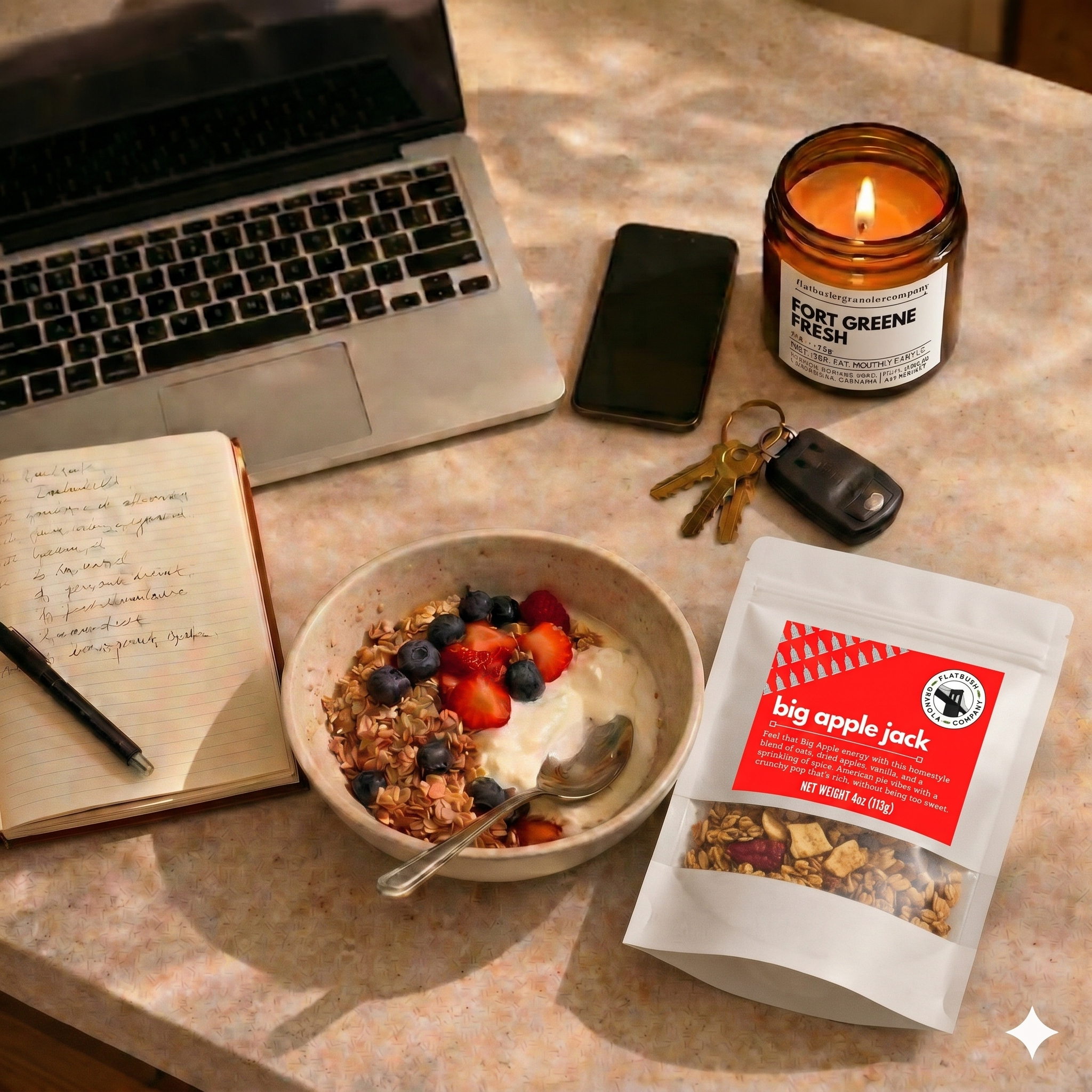 Laptop, bowl of cereal with fruit, candle, phone, keys, notebook, and package on a table.