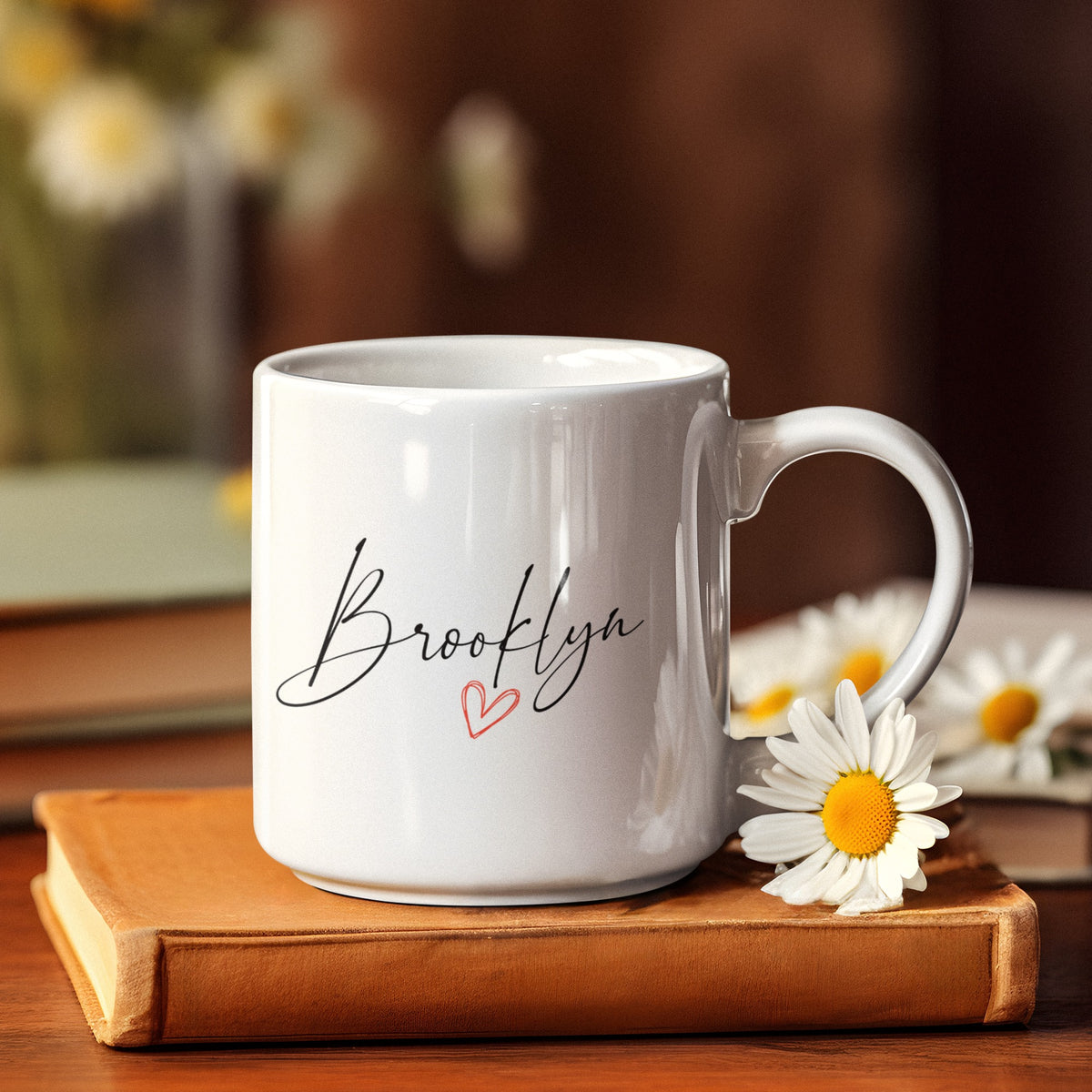Brooklyn Heart 11 oz white mug with script Brooklyn lettering and a red heart