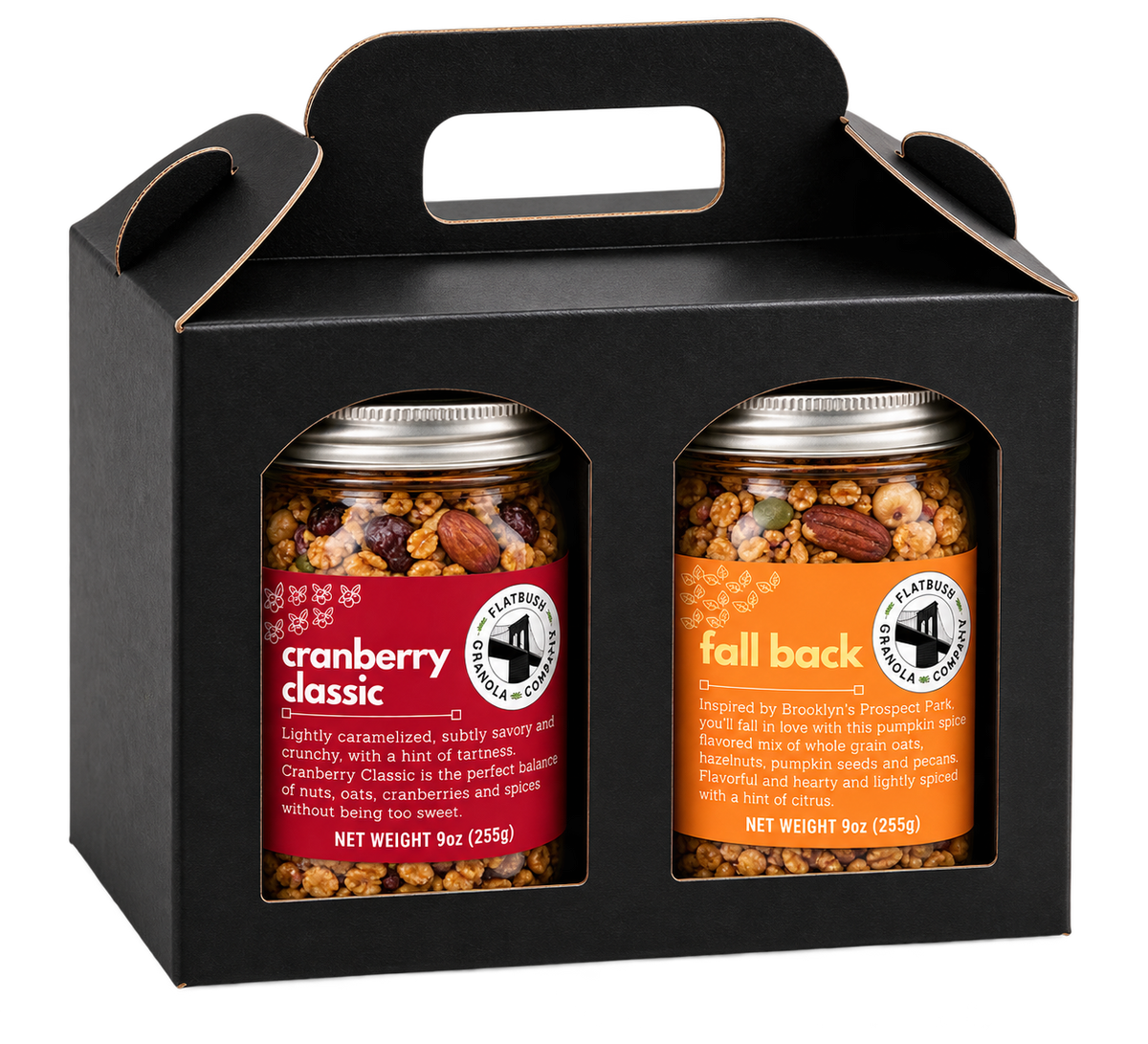 Flatbush Duo Granola Gift Set: two 9oz jars of small-batch granola, Cranberry Classic and Fall Back, in a black gabled gift box, made in Brooklyn