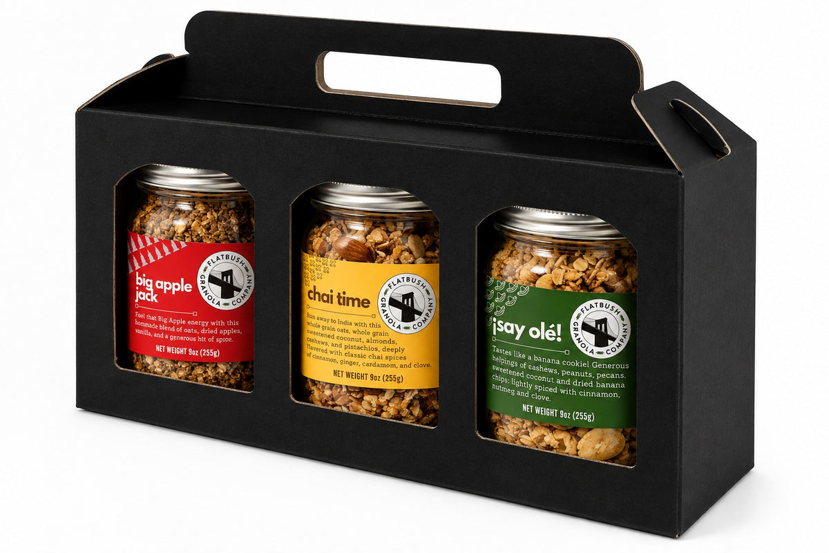Flatbush Flight 9 oz gift box with jars of Big Apple Jack, Chai Time and Say Olé granola