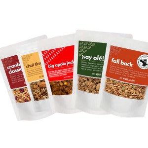 Granola Discovery Set: 2 oz pouches of small-batch Flatbush granola, including Cranberry Classic, Chai Time, Big Apple Jack, Say Olé and Fall Back, made in Brooklyn