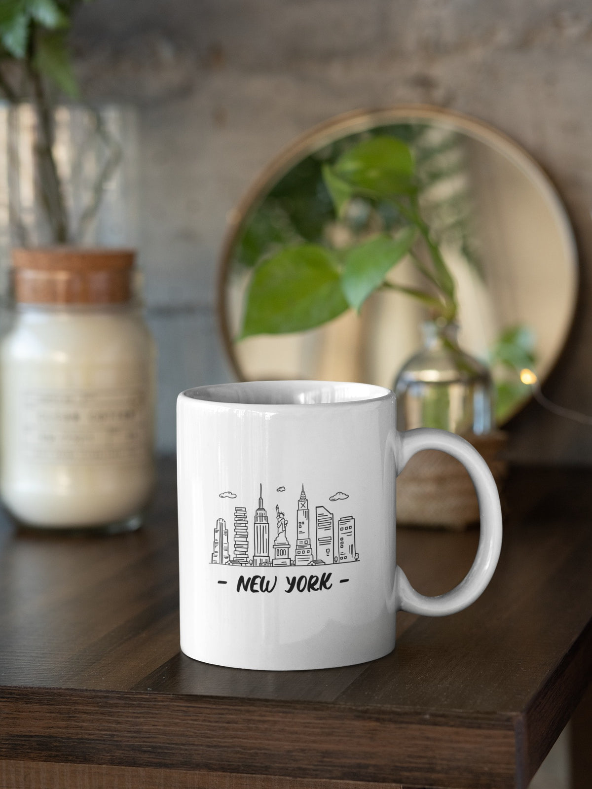New York Skyline 11 oz white mug with a line drawing of the Manhattan skyline
