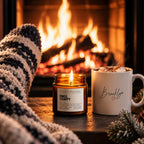 The Night Light gift set: Brooklyn Heart mug of hot cocoa beside a lit Kings County 4 oz soy candle by a fireplace